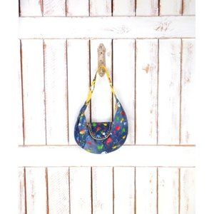 Vintage paint splatter blue jean denim yellow leather handbag shoulder bag